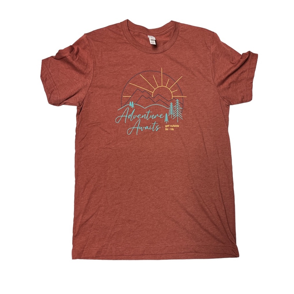 NWOT SOFT! fabric burnt orange color “adventure awaits” t shirt. Size: Medium